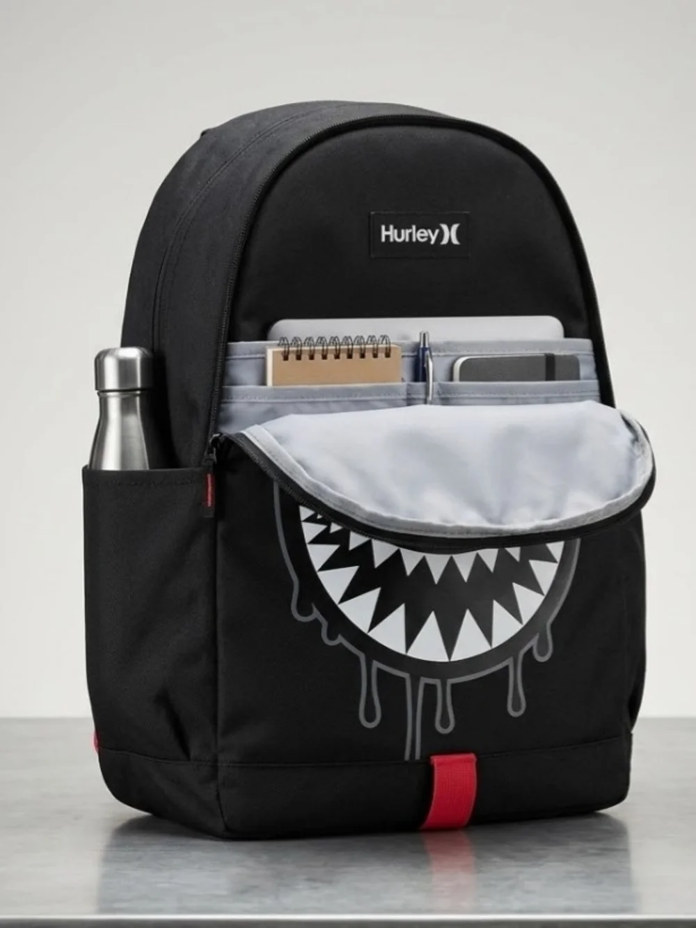 NEW! Hurley Black Backpack with White Shark-Mouth Graphic NWT